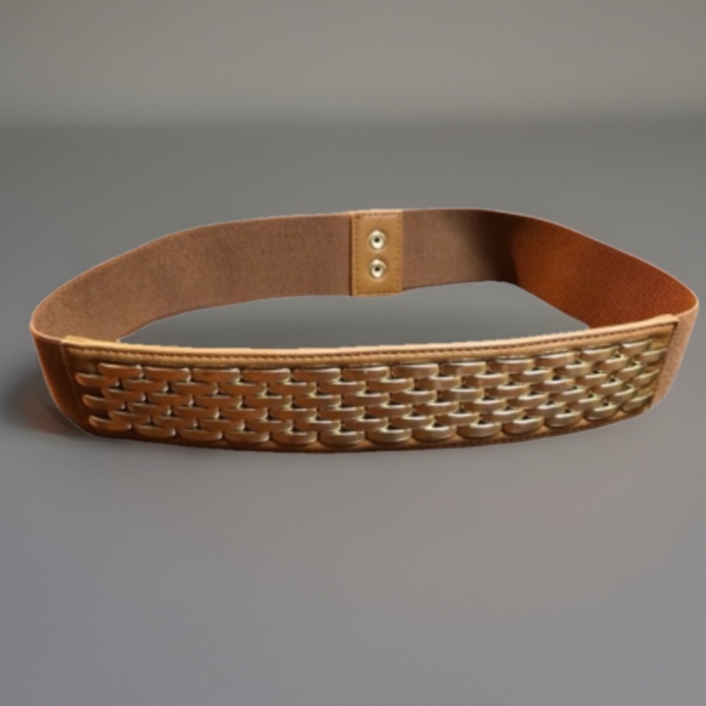Tan & Gold Link Faux Leather Stretch Belt